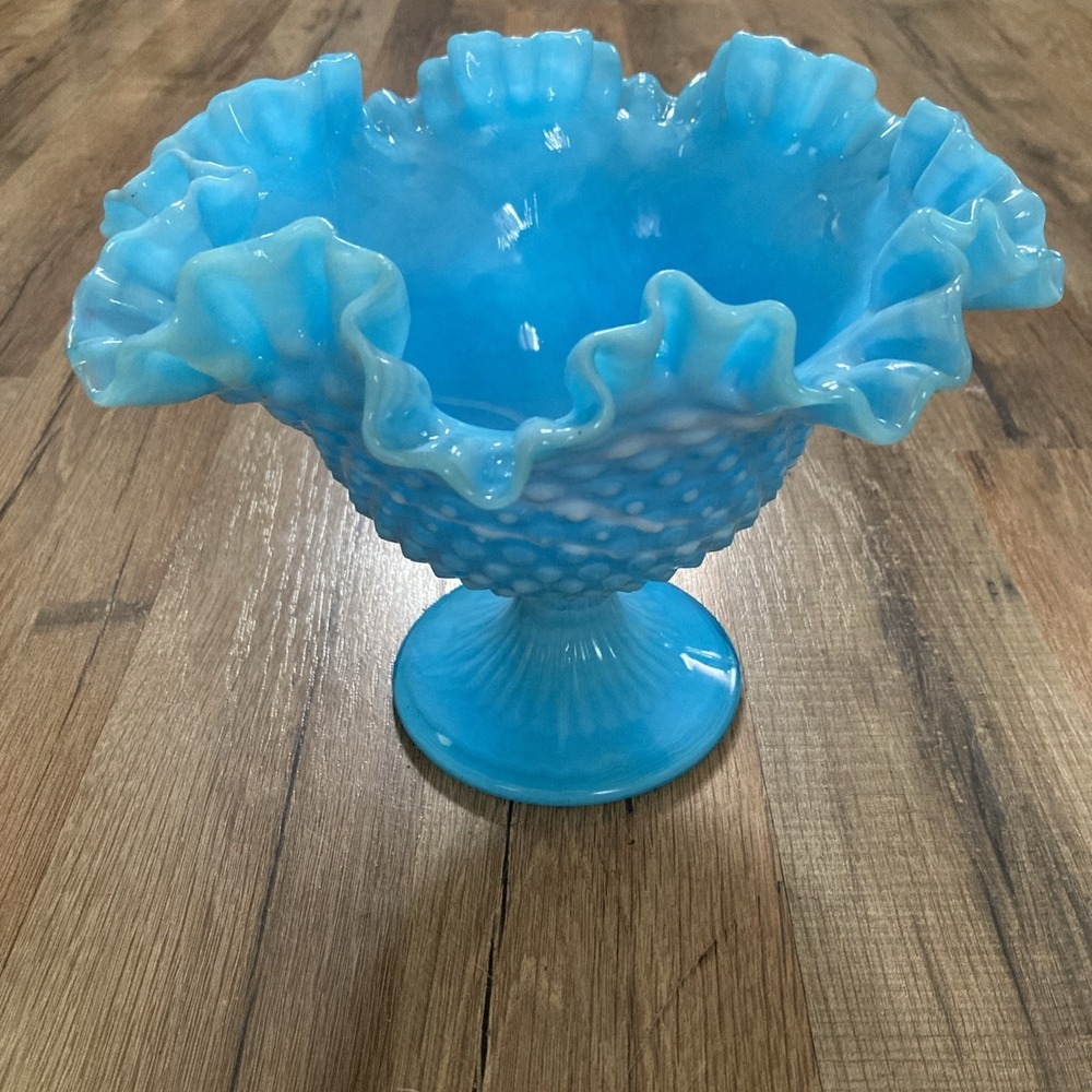 Vintage Fenton Blue Milk Marble Glass Hobnail Pedestal Bowl Ruffled Slag 9"